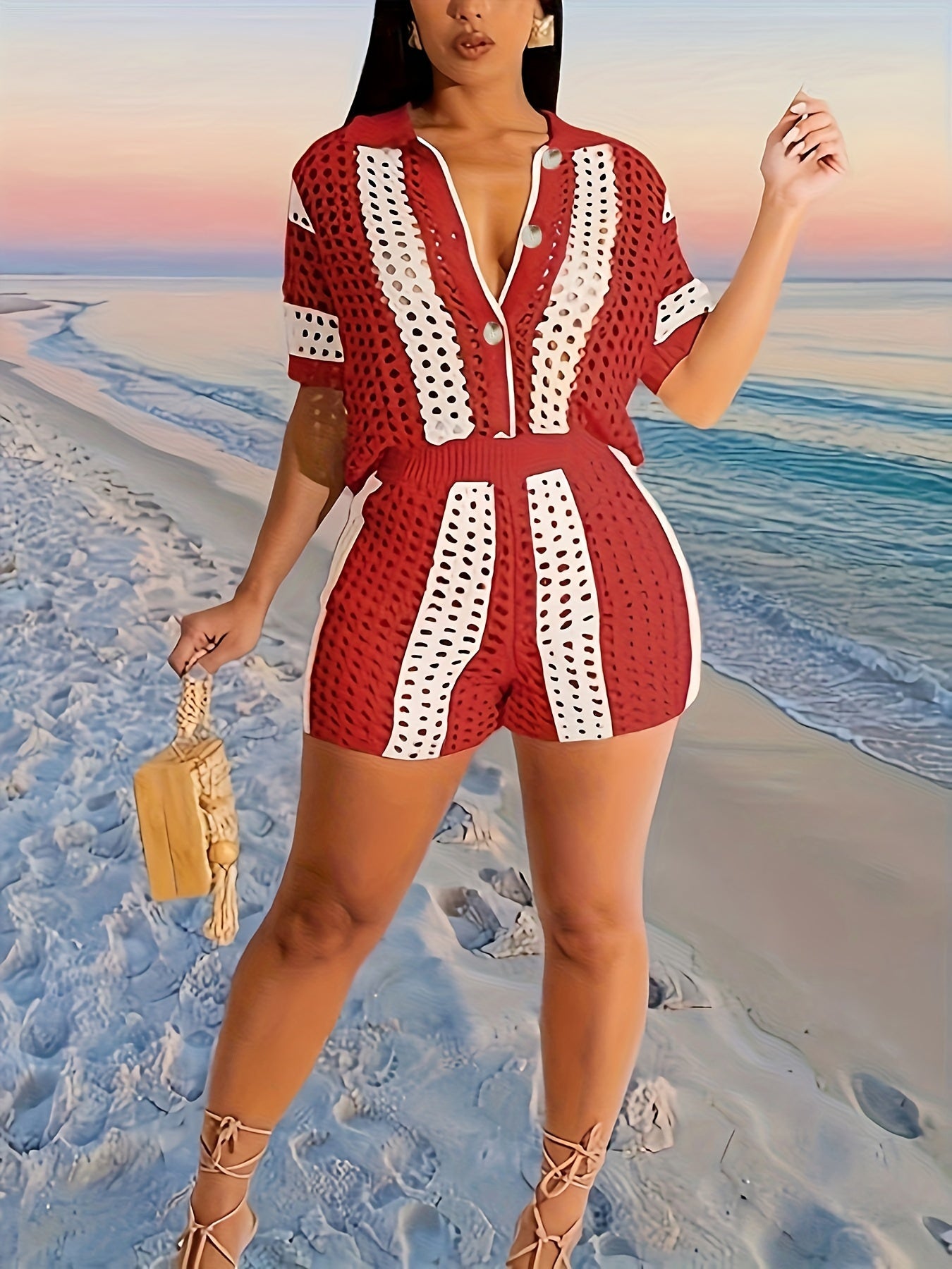 Two-Piece Short Sleeve Lapel Collar Cut Out Stripe Set - Semi-Sheer Micro Elastic Polyester Knit Fabric, Color Block Pattern, Casual Outfit for Spring/Summer - Elegant Womens Clothing