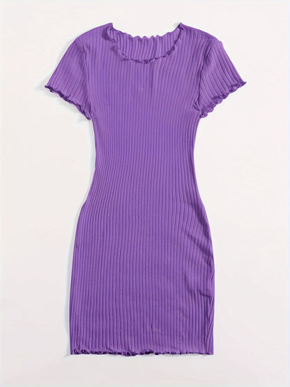 Chic Solid Color Lettuce Hem Dress - Flattering Slim Fit, Versatile Crew Neck, Short Sleeve for Spring & Summer - Womens Casual Fashion