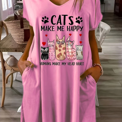 Plus Size CATS Print V Neck Tee Dress, Casual Pocket Short Sleeve Loose Dress For Spring & Summer, Women's Plus Size Clothing