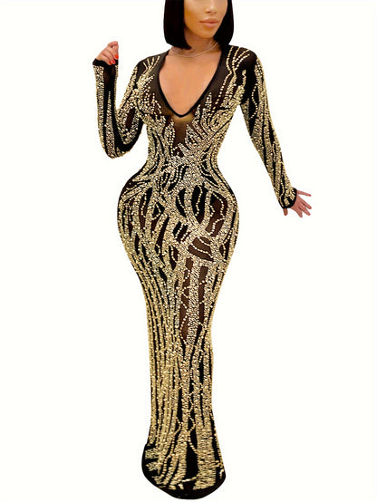 Glittering Rhinestone V Neck Bridesmaid Dress - Y2K Inspired Long Sleeve with Zipper Back - Flowy Bag Hip Wedding Party Gown for Fashion-Forward Women
