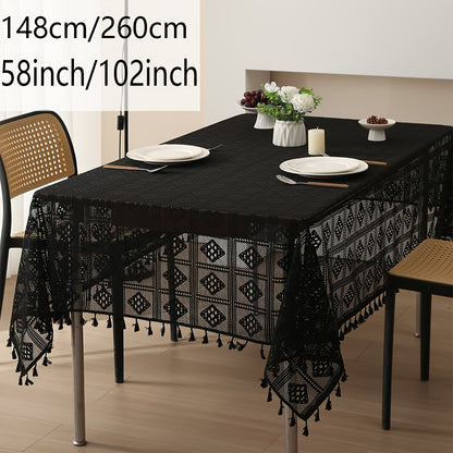 1pc Beige Linen Cotton Blend Crochet Tablecloth with Tassel - Tablecloths - Rustic American Pastoral Style Decor for Picnic, Holiday Party, and Home - Easy Care and Durable