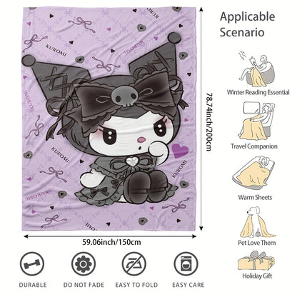 Sanrio Kuromi Cartoon Print Flannel Throw Blanket - Contemporary Style Digital Printing Knitted Polyester Soft Multipurpose All-Season Blanket for Living Room, Bedroom, Camping, Travel - 200-250g Lightweight Warmth