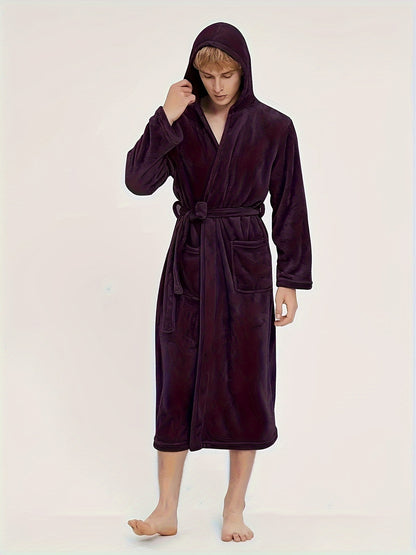 Men's Casual Nightgown, Soft And Comfortable Hooded Robes Full Length With Pockets, New , Plain Hooded Flannel