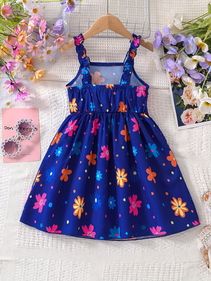 Chic Summer Floral Girls' Dress - Comfortable, Woven Fabric with Ruffle Detail & Playful Suspender Straps