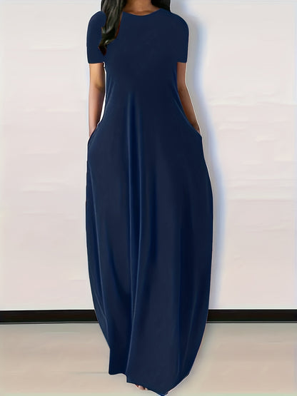 Plus Size Womens Casual Maxi Dress - Flattering Solid Color, Comfortable Round Neck, Flowy Loose Fit with Handy Pockets, Short Sleeves