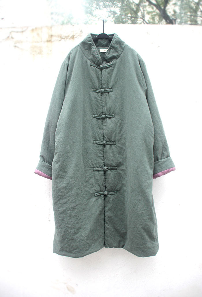ancient pattern linen handmade buckle thickened cotton-padded coat, Chinese long cotton-padded jacket trench coat men's M635 long sleeves