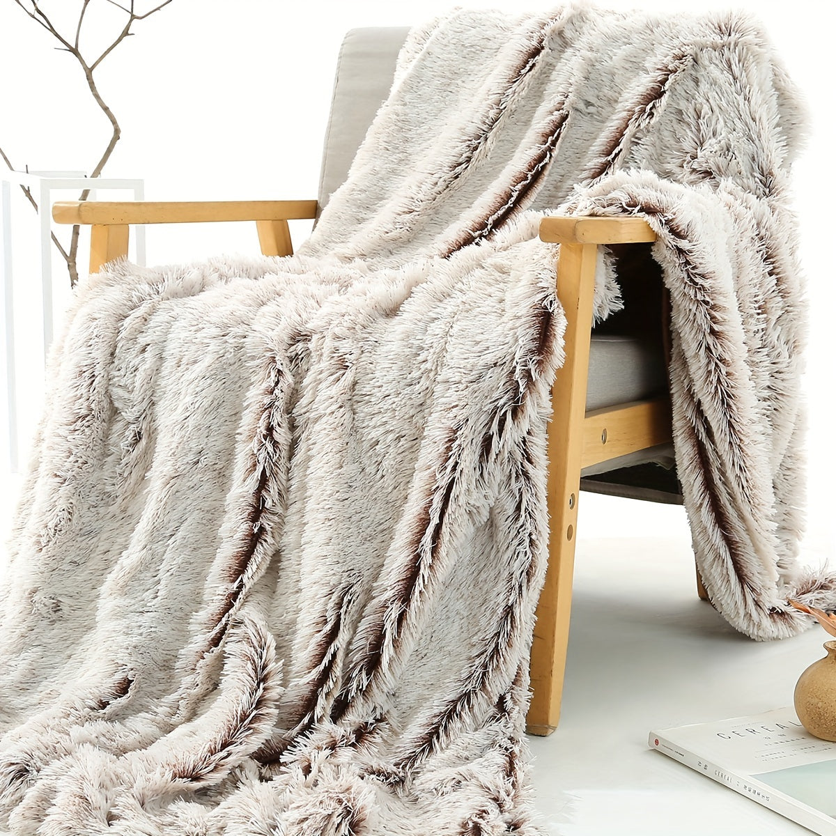 Luxury French-Style Plush Faux Fur Throw Blanket - Versatile Decorative Soft Polyester Bed, Sofa, and Car Blanket - All-Season Woven Cozy Cover for Home and Office Napping - 1pc Dual-Tone Long Pile