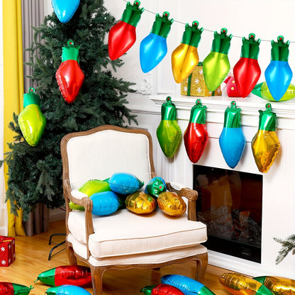 60pcs Christmas Light Bulb Shaped Balloons - Inflatable Foil Xmas Decorations with 98 Feet Nylon Rope for Party Decor, Festive Holiday Celebrations, and Winter Wonderland Themes
