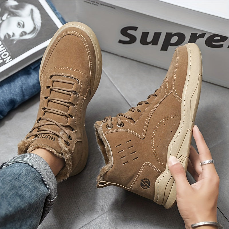 Men's Solid Snow Boots, Warm Fleece Cozy Non-slip Ankle Boots Plush Comfy Outdoor Hiking Shoes Lined Trekking Shoes, Winter