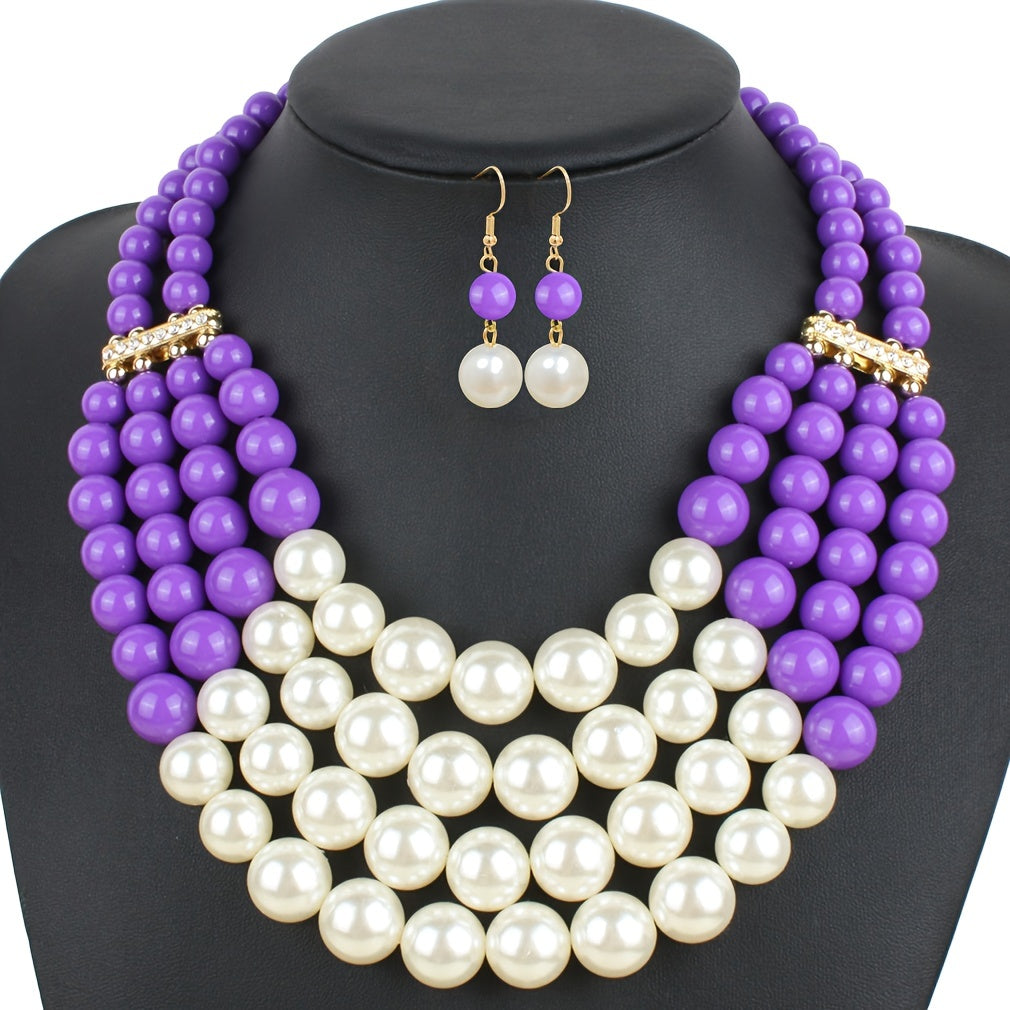 Charm Women Fashion Jewelry Insert Rhinestone Faux Pearl Necklace Bracelet Earrings Set