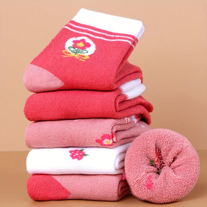Girls' Knee-High Winter Socks 5-Pack - Cozy Thick Knit Fabric with Floral Patterns, Polyester and Spandex Blend, Hand Wash Only, Warm and Comfortable for Ages 12 and Under