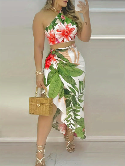 Floral Print Skirt Set - Adjustable Halter Neck Tie-Back Crop Top for a Flattering Fit, Flowy High-Waisted Asymmetrical Hem Skirt with a Flared Silhouette - Perfect for Summer Getaways, Beach Trips, and Outdoor Adventures, Ideal for Ladies and Girls Looki
