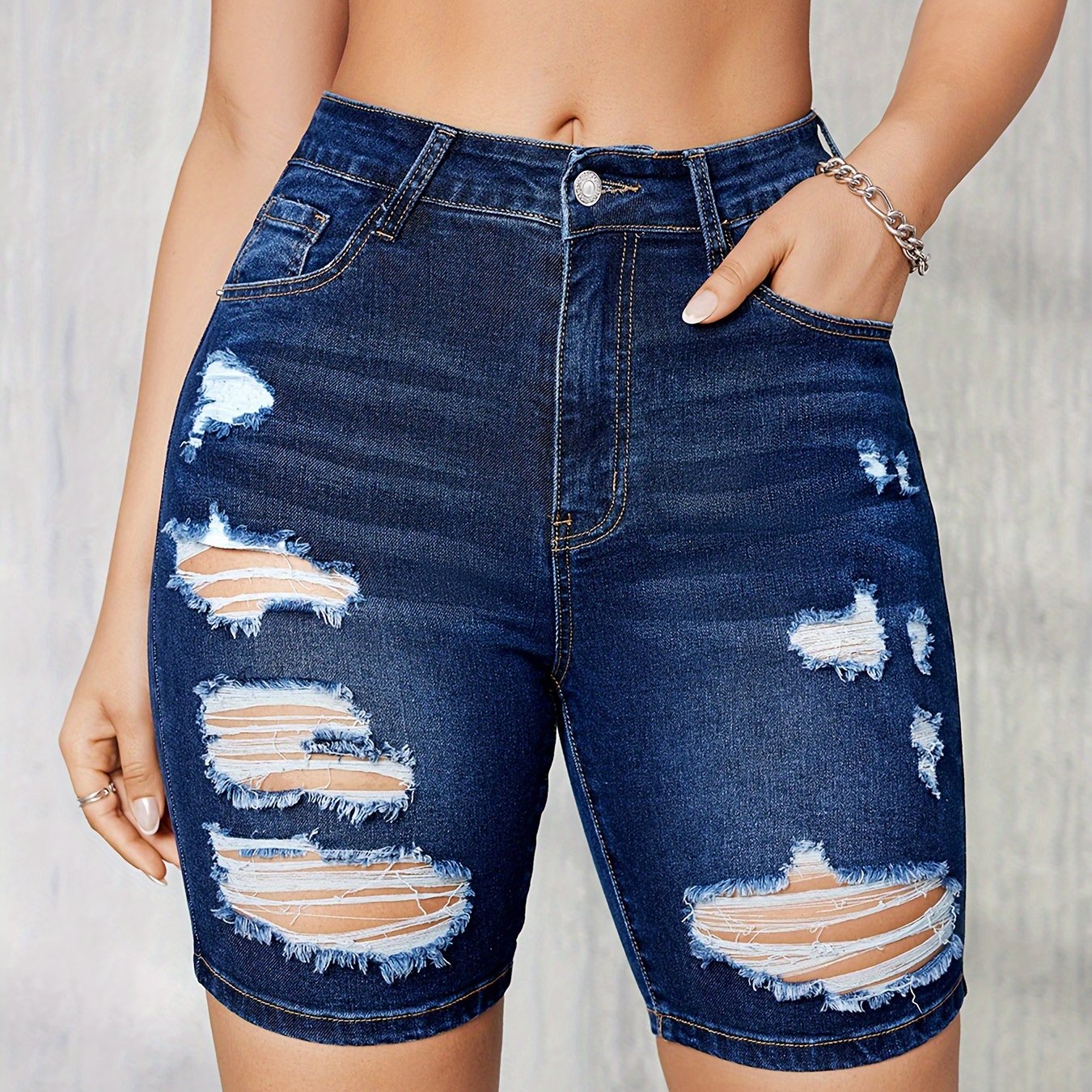 ZllKl  Ripped Raw Hem Bermuda Denim Shorts, Distressed Washed Blue Slim Fit Denim Shorts, Women's Denim Jeans & Clothing
