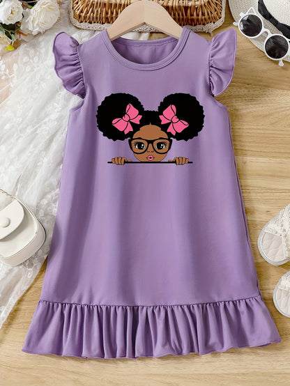Girls Cartoon Graphic Knitted Ruffle Hem Flying Sleeve Dress - Soft, Slight Stretch, Regular Fit, Alphabets Pattern, Machine Washable, Perfect for Summer Casual Wear