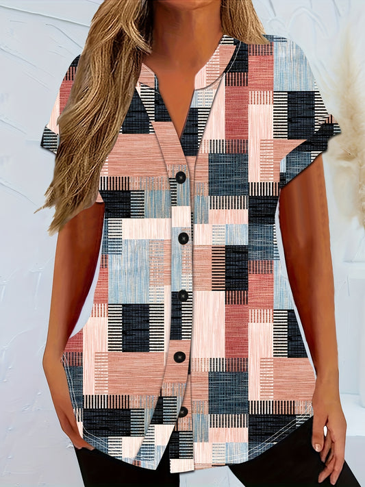 Plus Size V-Neck Short Sleeve Casual Blouse - Soft Slight Stretch Polyester Fabric, Random Print, Button Front, All-Season Wear - Womens Comfortable Knit Top for Spring and Beyond