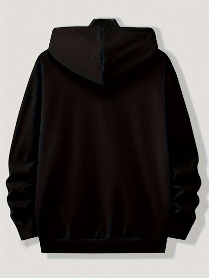 100% Polyester Plus Size Solid Color Zip-Up Hoodie for Men - Preppy Sports Style with Hood, Non-Stretch Drawstring Detail, Regular Fit for Spring/Fall Activities