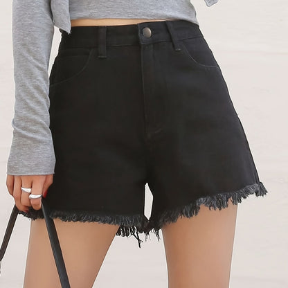 ZllKl  High Waist Fashion Denim Shorts, Frayed Hem Slash Pockets Short Denim Pants, Women's Denim Jeans & Clothing
