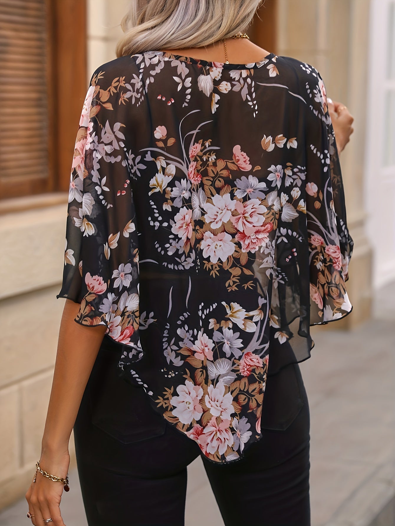 ZllKl Floral Print Asymmetrical Blouse, Elegant Crew Neck Summer Blouse, Women's Clothing