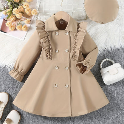 Elegant Flutter Trim Long Sleeve Windbreaker Dress With Beret For Toddler Girls Spring Fall Christmas Gift