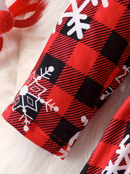 Snowflake & Christmas Plaid Print Girls Holiday Long Sleeve Dress - Comfy A-Line Party Casual Dresses, Spring/Fall Season