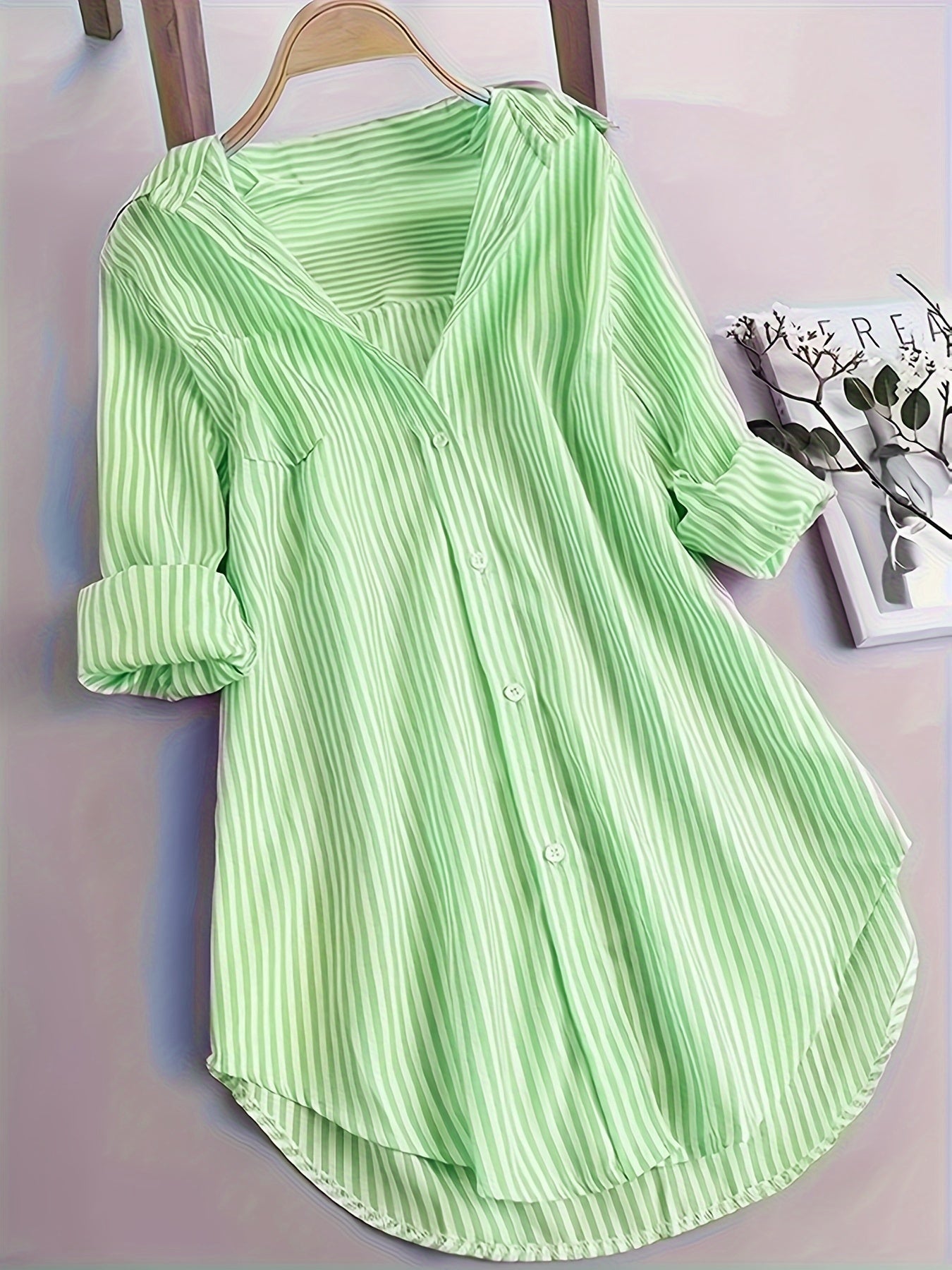 ZllKl Stripe Print Button Front Blouse, Casual Long Sleeve Blouse For Spring & Fall, Women's Clothing