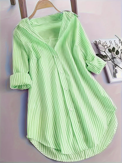 ZllKl Stripe Print Button Front Blouse, Casual Long Sleeve Blouse For Spring & Fall, Women's Clothing