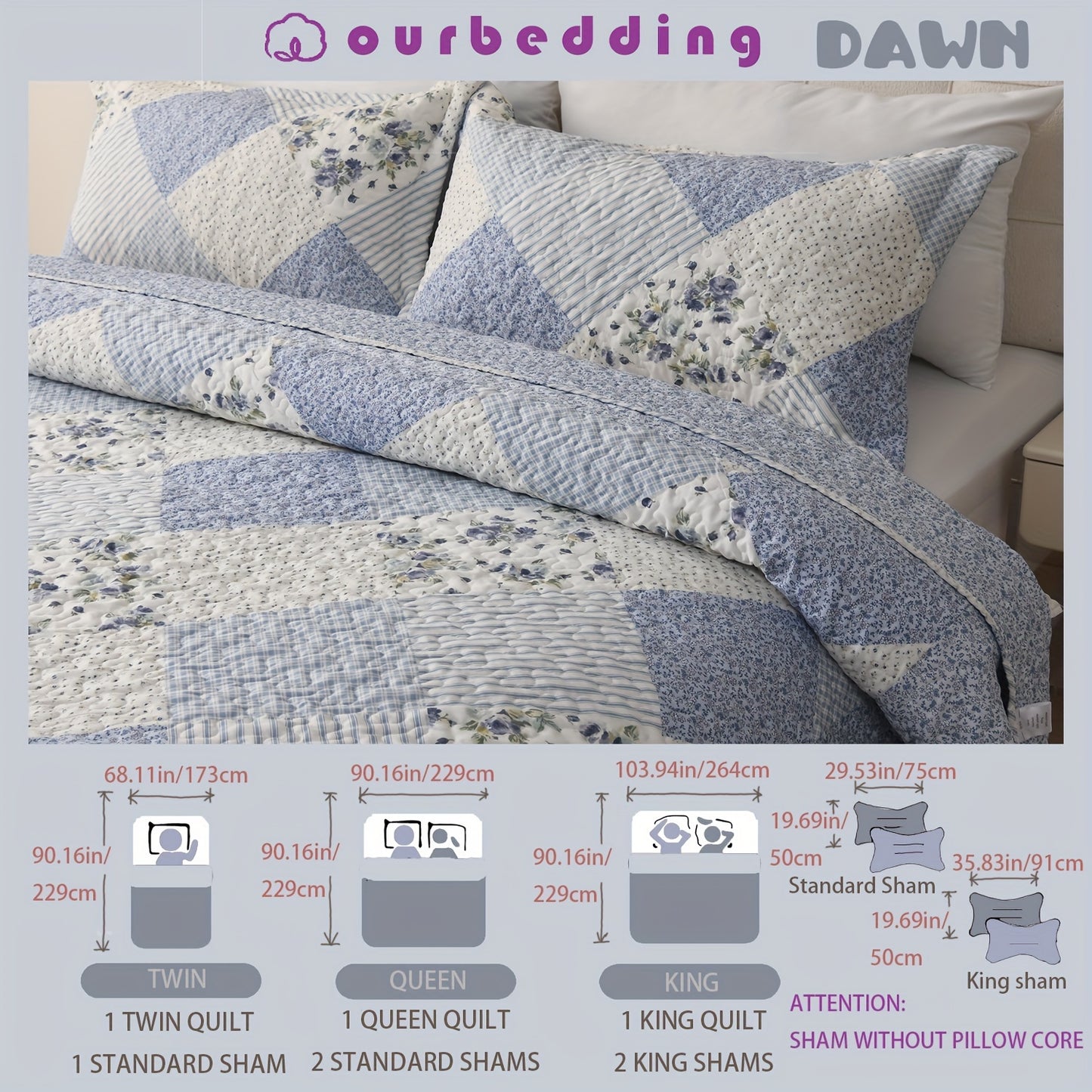 DAWN Bedding Set: Elegant Quilted Coverlet with Twin, Queen, and King Sizes, Soft and Breathable, Suitable for All Seasons - Includes 1 Twin Quilt, 2 Standard Shams, and 2 King Shams