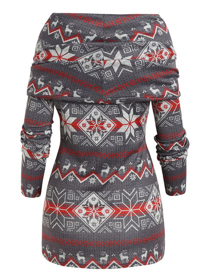 Christmas Pattern Off Shoulder Sweater - Casual, Long Sleeve, Button Front, Asymmetrical, Festive Holiday Wear for Women