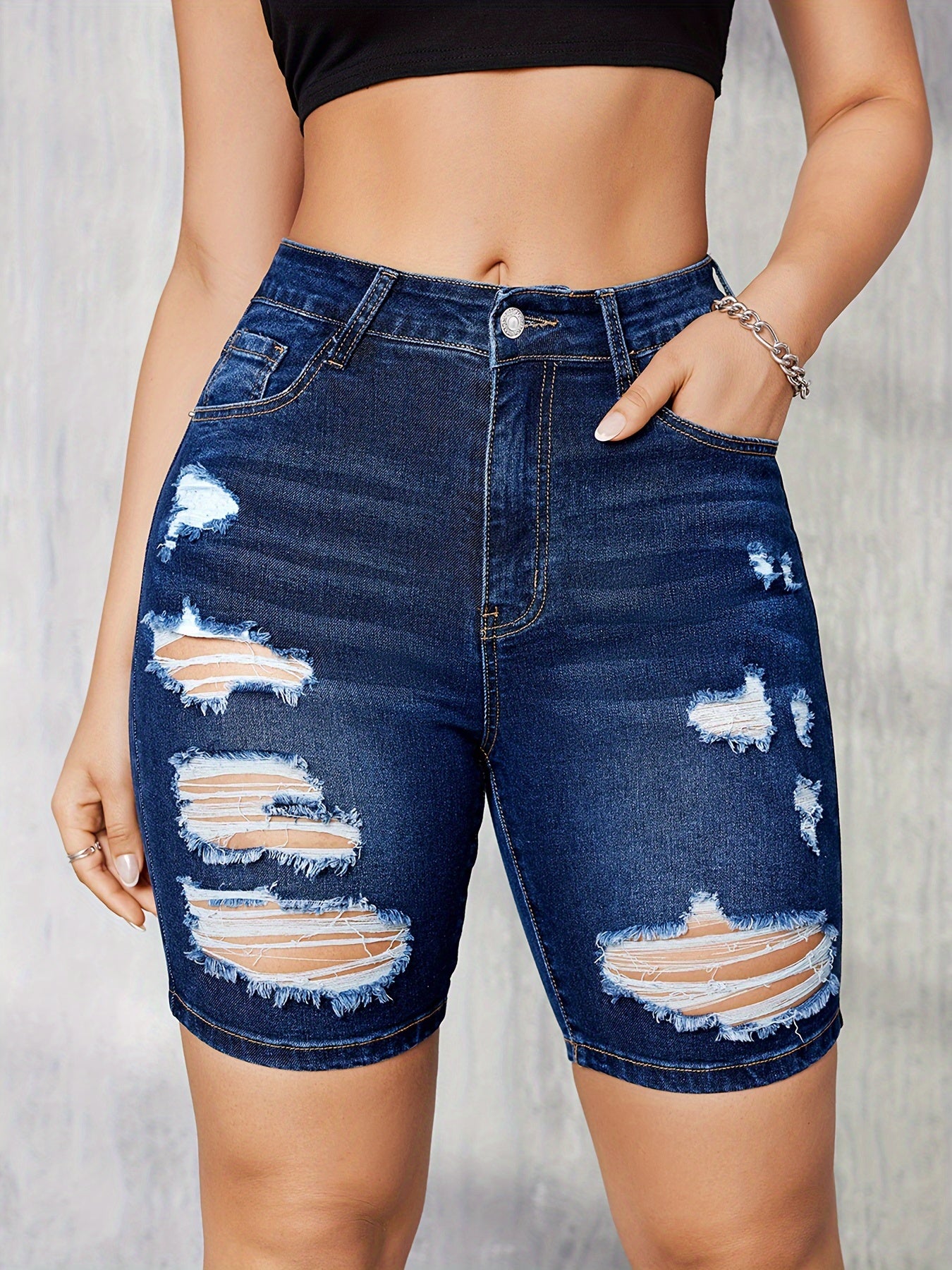 ZllKl  Ripped Raw Hem Bermuda Denim Shorts, Distressed Washed Blue Slim Fit Denim Shorts, Women's Denim Jeans & Clothing