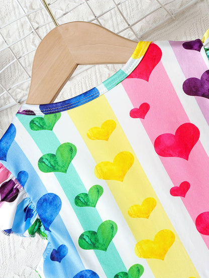 Girls Vibrant Hearts Print Round Neck Flying Sleeve Midi Dress - Adorable & Flowy for Summer Romance & Valentines Day