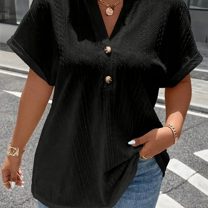 ZllKl Plus Size Simple Solid Blouse, Casual V Neck Short Sleeve Blouse For Spring & Summer, Women's Plus Size Clothing