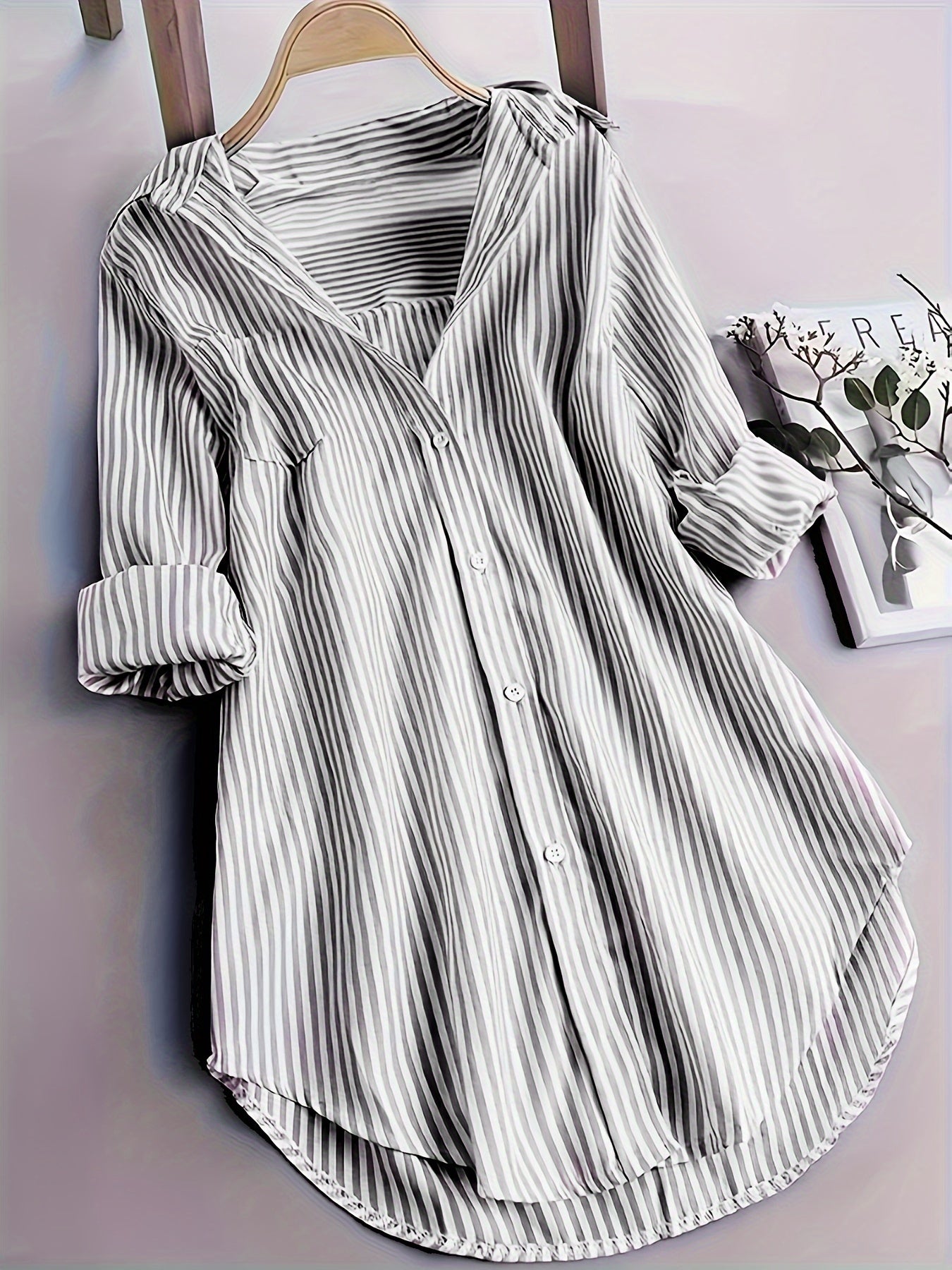 ZllKl Stripe Print Button Front Blouse, Casual Long Sleeve Blouse For Spring & Fall, Women's Clothing