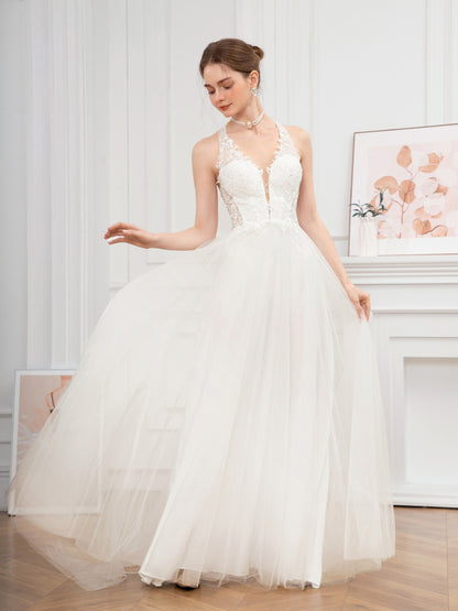 Long Embroidered Guipure Lace Halter Neck Formal Dress - Elegant Backless Ball Gown with Cross Strape Detail, Semi-Sheer Mesh Fabric, Flared Hem, and Chest Pad - Perfect for Wedding Party, Hand Wash Only