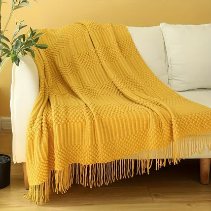 1pc Soft & Cozy Textured Knitted Throw Blanket - Perfect for Sofa and Couch Decor - Green and Tan Color Combination - Decorative Accent for Living Room - Soft Brushed Fabric - Easy Care