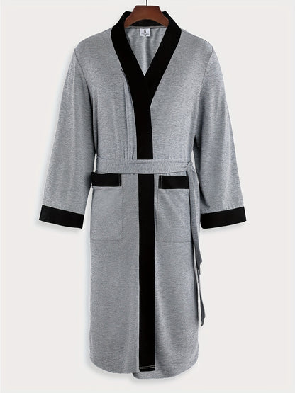 Mens Comfy Color Block Robe - Soft One-Piece Night-Robe with Spacious Pocket and Adjustable Lace-Up Closure - Perfect for Lounging Around the House in Pajamas After Bath or Shower