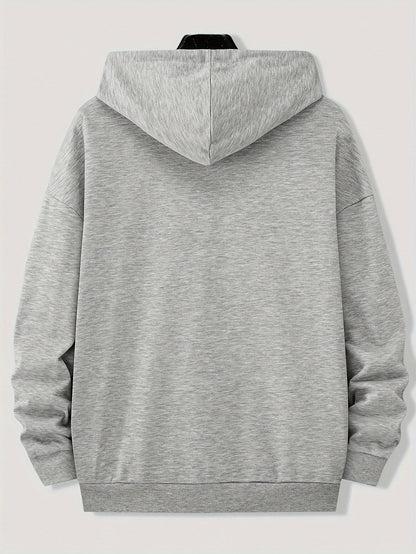 100% Polyester Plus Size Solid Color Zip-Up Hoodie for Men - Preppy Sports Style with Hood, Non-Stretch Drawstring Detail, Regular Fit for Spring/Fall Activities