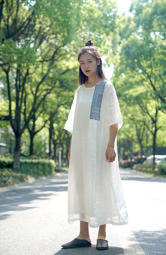 No One Old Style Fine Ramie Blue Dyed Splicing Robe Casual Short Sleeve Literary Dress L818