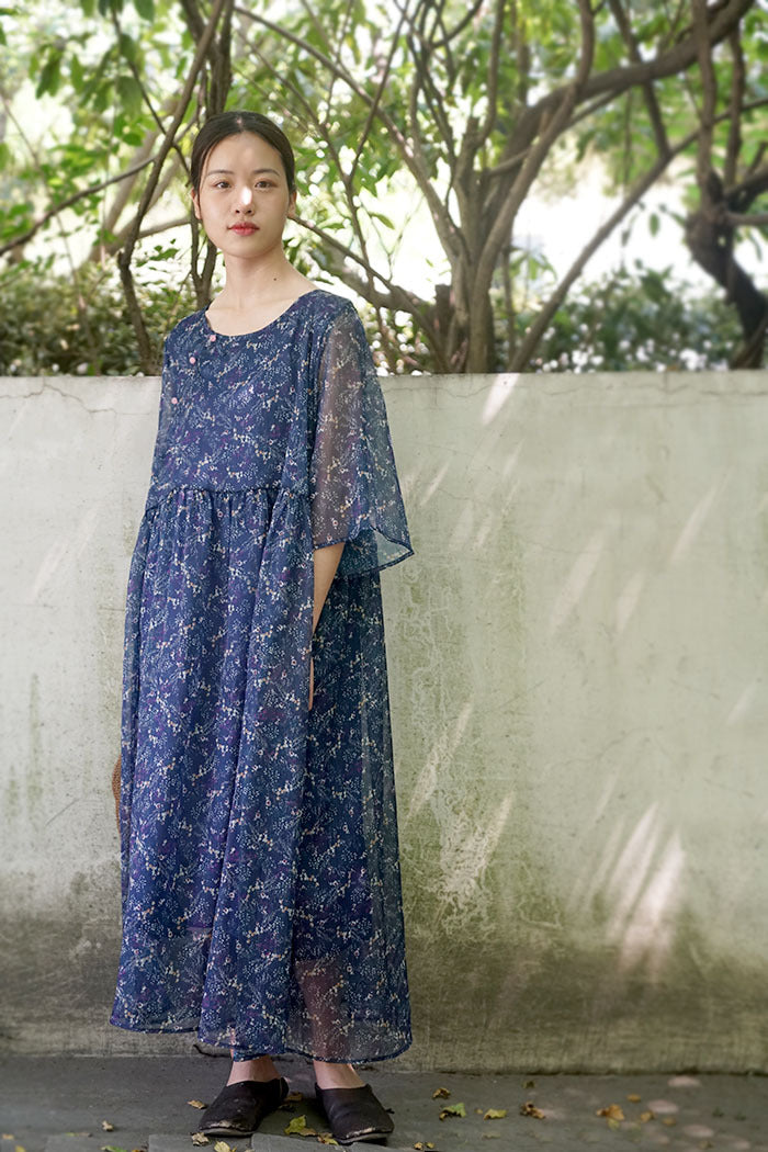 Special offer! Republic of China style retro printed Tencel wide-sleeved dress, Chinese buckle robe Mori L826