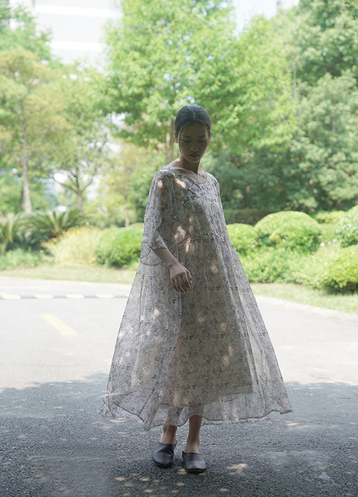 Special offer! Republic of China style retro printed Tencel wide-sleeved dress, Chinese buckle robe Mori L826