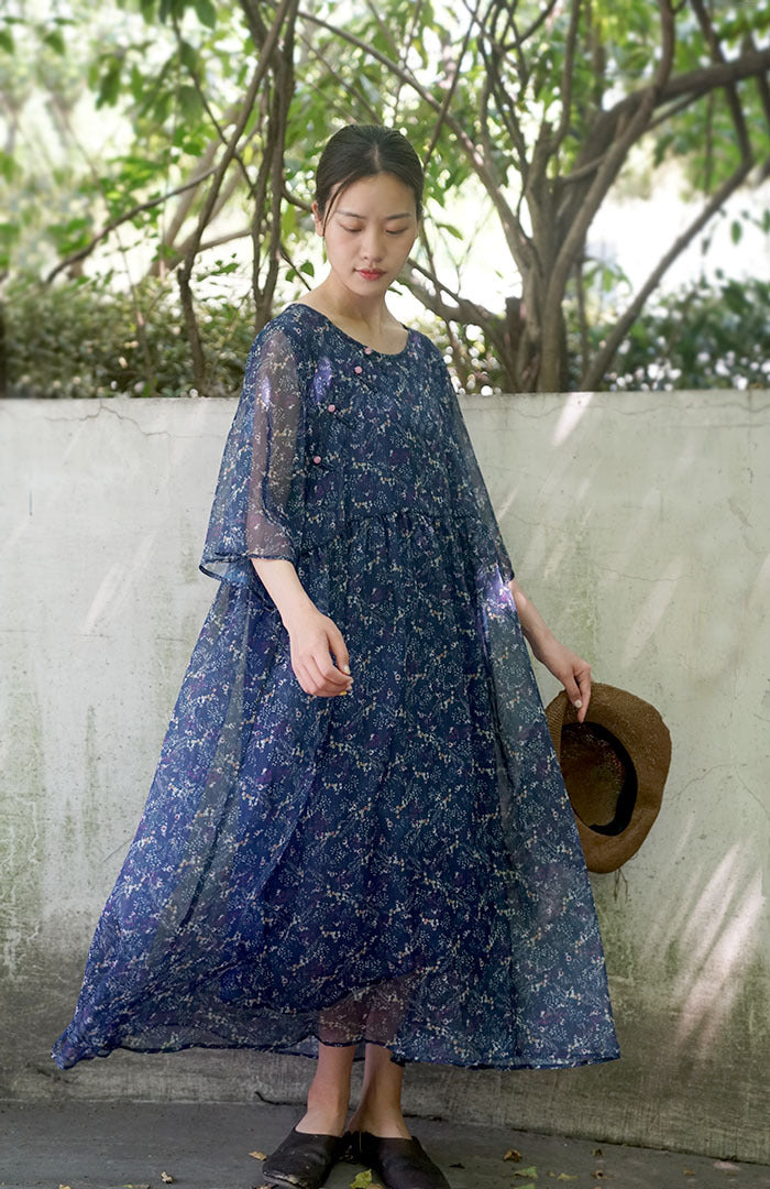 Special offer! Republic of China style retro printed Tencel wide-sleeved dress, Chinese buckle robe Mori L826