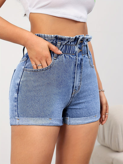 ZllKl  High Waist Washed Denim Shorts, Rolled Hem Slash Pockets Short Denim Pants, Women's Denim Jeans & Clothing