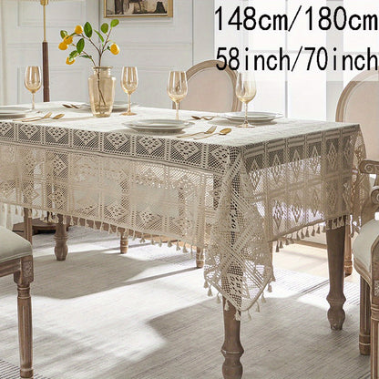 1pc Beige Linen Cotton Blend Crochet Tablecloth with Tassel - Tablecloths - Rustic American Pastoral Style Decor for Picnic, Holiday Party, and Home - Easy Care and Durable