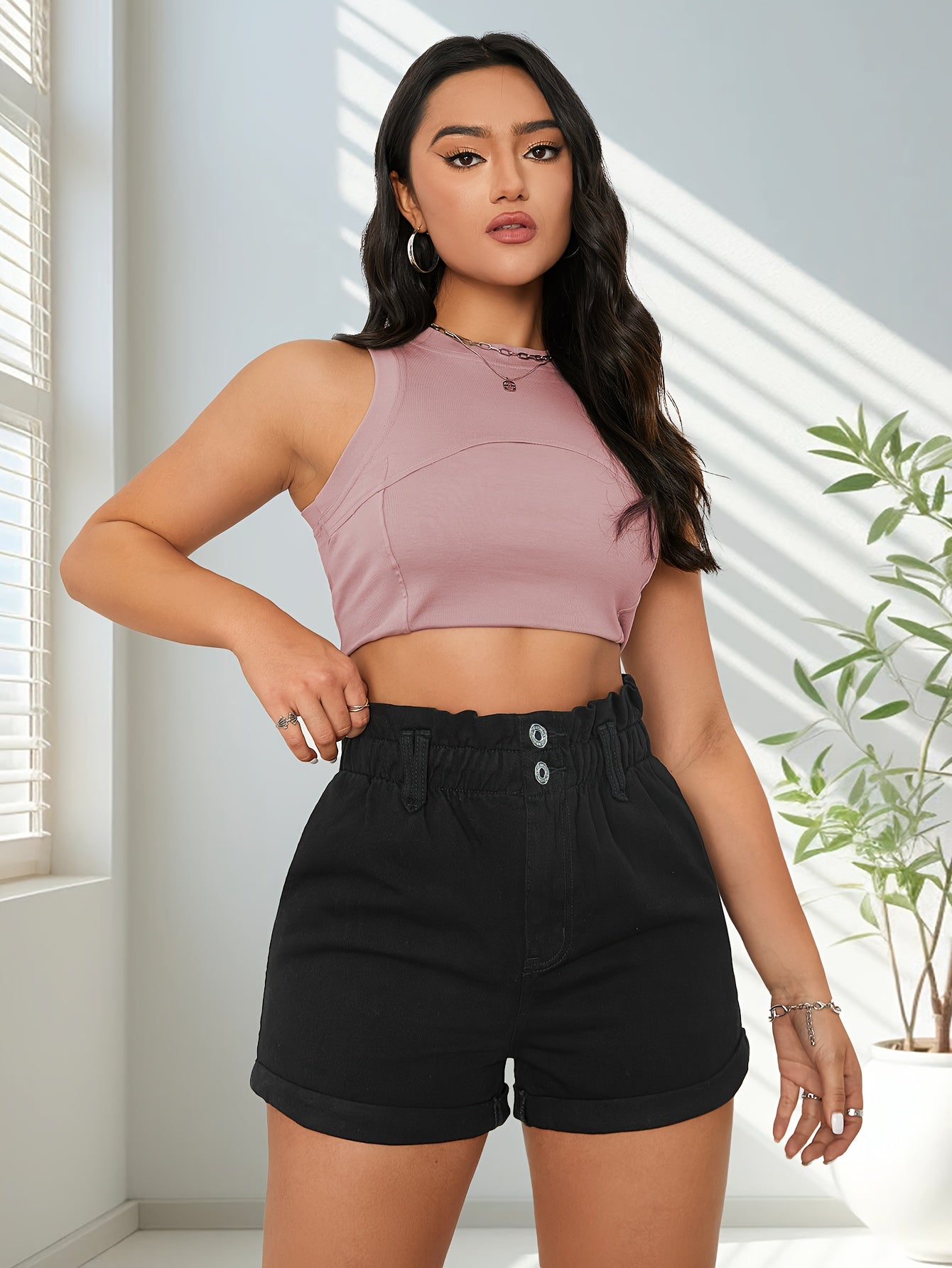 ZllKl  Plain High Waist Denim Shorts, Double Button Elastic Waist Short Denim Pants, Women's Denim Jeans & Clothing