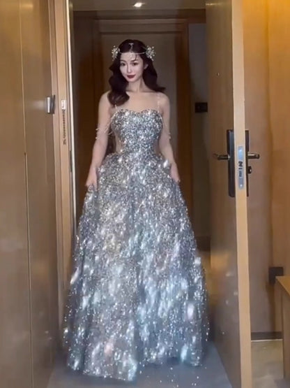 Evening Dress Female Senior Sense Hosting Student Day Bar Mitzvah Art Exam Bright Silver Toasting Dress Bridal Princess Dress