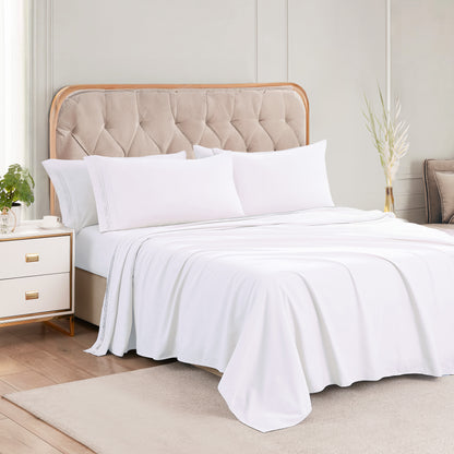 6 Piece Cooling Sheets Queen Set,Extra Deep Pocket White Queen Sheets & 4 Pillowcases,Breathable & Washable Queen Bedding Sheets,Wrap-around Elastic & Wrinkle Free Soft Queen Sheets