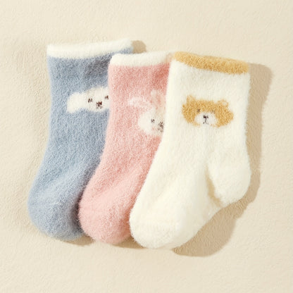 3pairs Baby Girls Cute Cartoon Rabbit Bear Dog Plush Non-slip Floor Socks Soft Comfortable Thermal Breathable Socks For Autumn And Winter