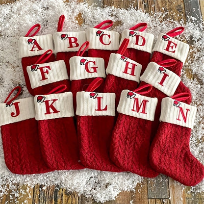 Classic Initial Mini Christmas Stockings, 1pc, Embroidered Alphabet Knit Red and White Themed Socks for Home, Christmas Tree, Mantel Decoration, No Feathers, Polyester - Festive Holiday Decor