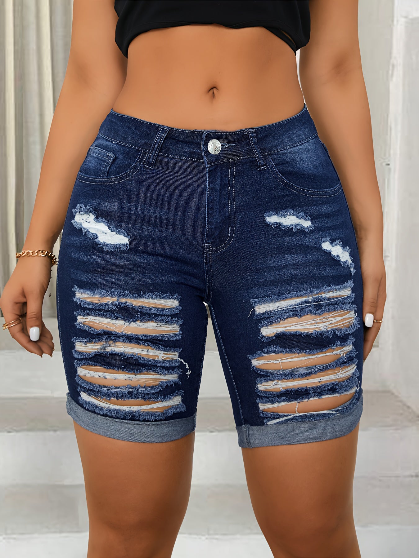 ZllKl  Women's Ripped Denim Shorts, Frayed Hem, Fashion Distressed Jean Bermuda Pants, Dark Blue, Chic Summer Wear