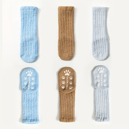 3-Pack Toddler Cozy Knit Tube Socks With Non-Slip Grip, Polyester & Spandex Blend, Extra Warm Velvet Thicken for Boys and Girls, Fall/Winter Hand Washable Long Socks for Children Age 12 & Under