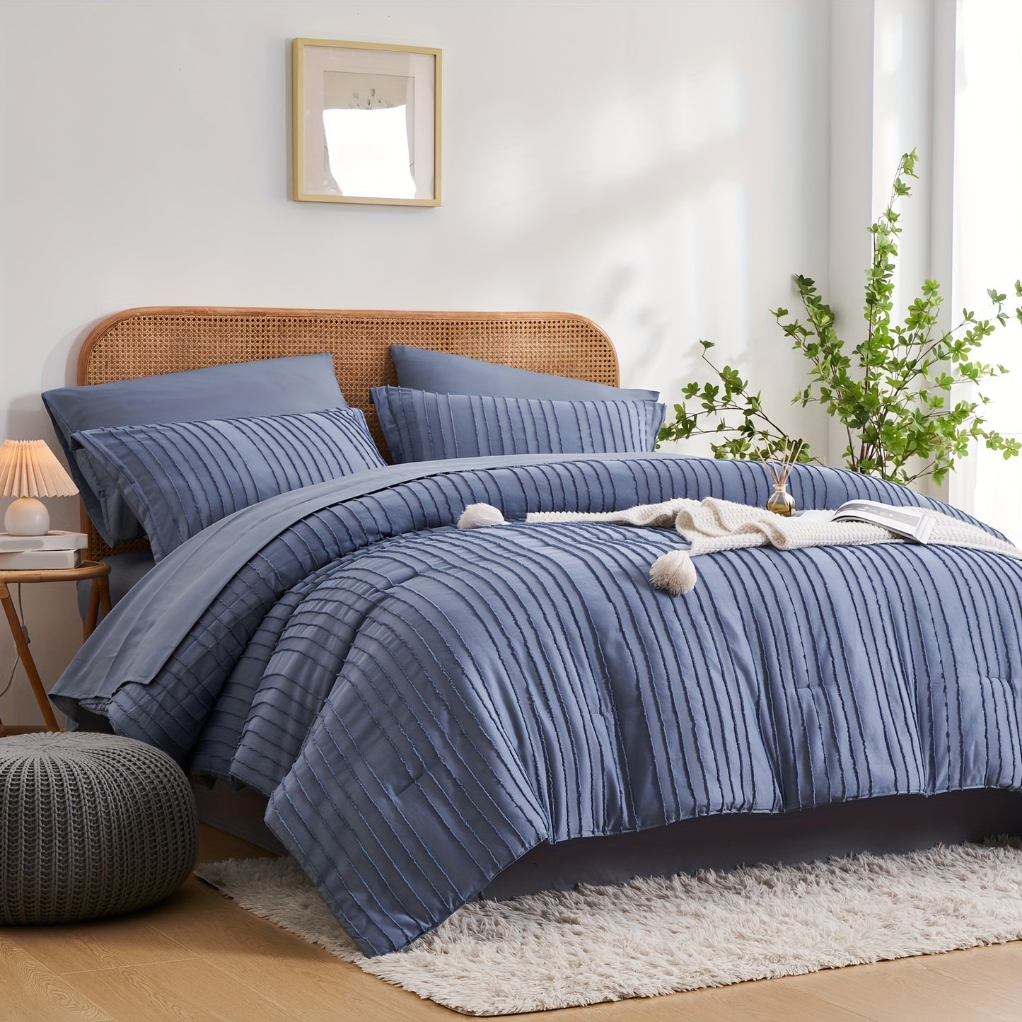 7-Piece Boho Chic Striped Textured Pattern Bed Set - Soft, Lightweight, Microfiber Bedding with Shabby Chic Design - Queen/King Size Bed in a Bag for All Seasons with Easy Care